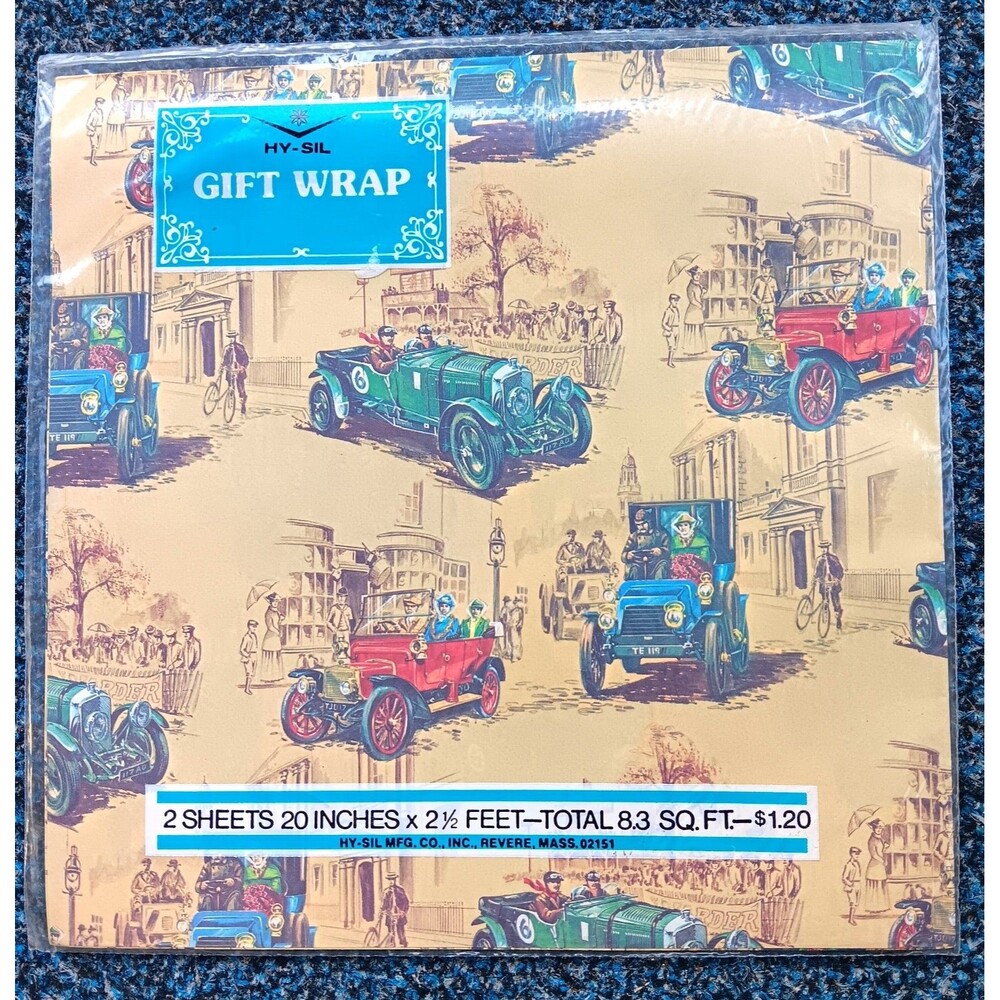 Vintage Hy-Sil Gift Wrap Wrapping Paper Antique Cars Birthday 2 Sheets 20x30
